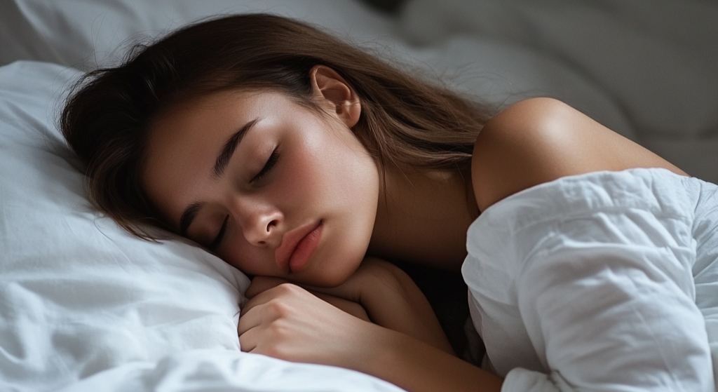 Woman sleeping peacefully under white sheets in a softly lit room