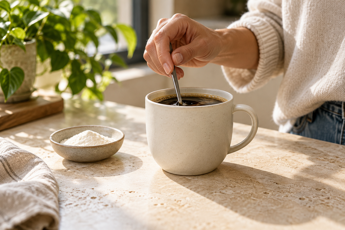 A spoon stirring coffee in a ceramic cup on a sunlit kitchen counter.