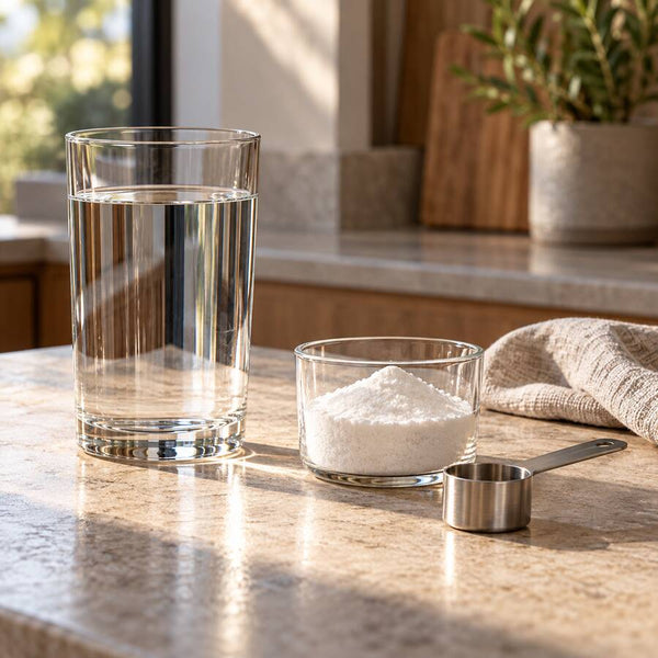 Pure Creatine Monohydrate powder beside a glass of water and scoop in a clean training routine setting